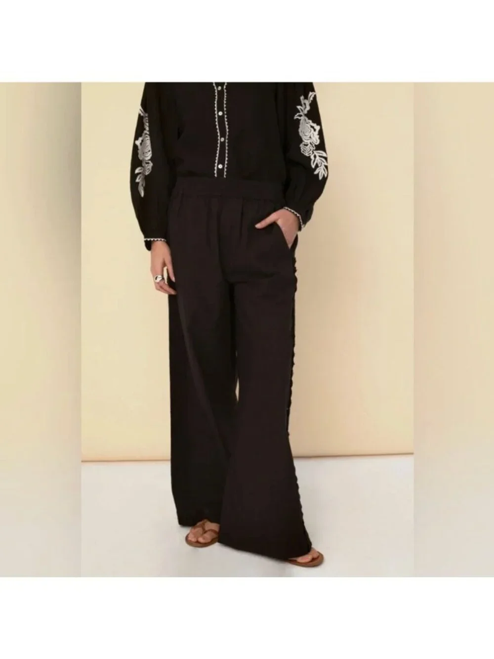 Sonmer Embroidered Lace Trim Sides Black Wide Leg Pants L